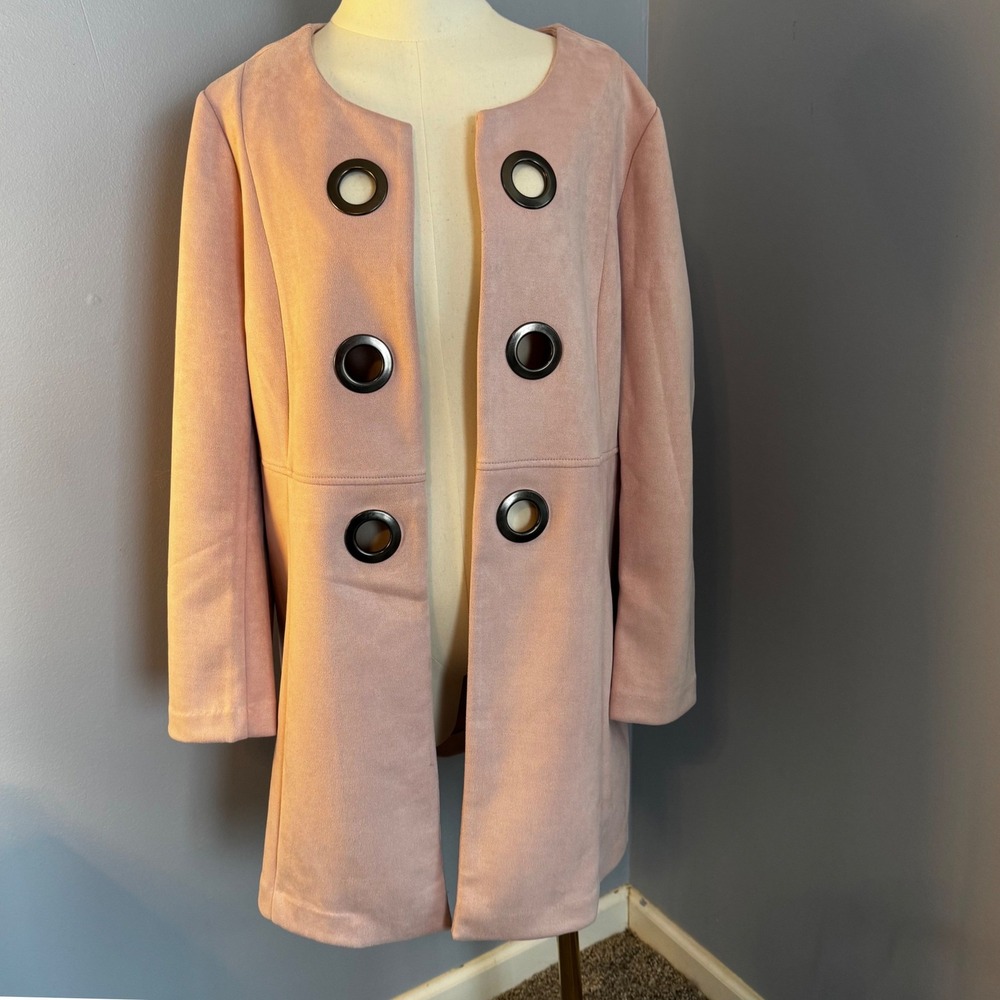 Charlie Paige Women Pink Faux Suede Grommet Open Front Coat Jacket Large - Picture 2 of 10